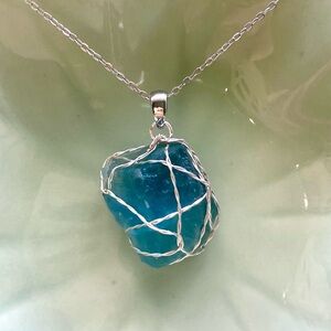 Raw Blue Fluorite silver Wire Wrapped pendant P22